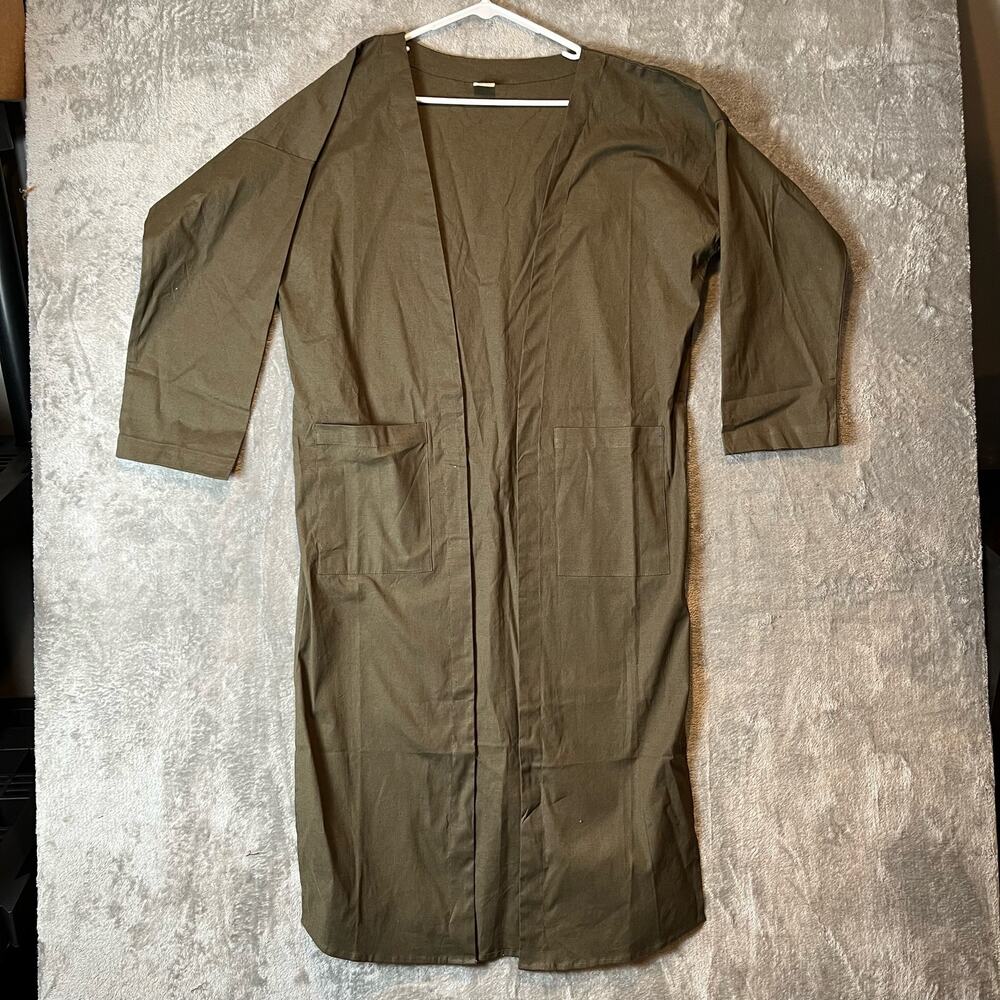 Sseko One Size Olive Green Linen Blend Long Duster Open Front Lagenlook New